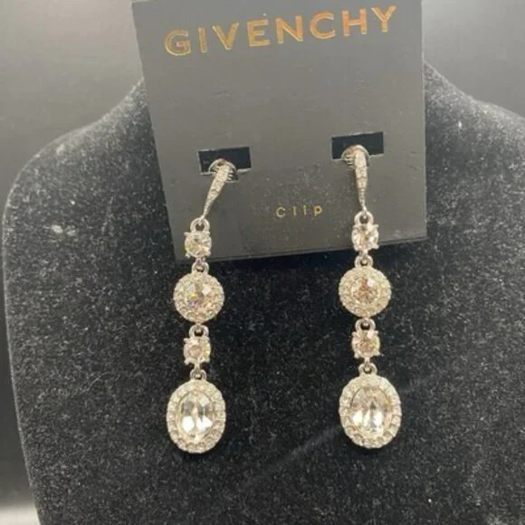 NWT Givenchy Clip Earrings Crystal Halo Set 2.5" Drop Silver Tone Bridal Pageant - Picture 3 of 7